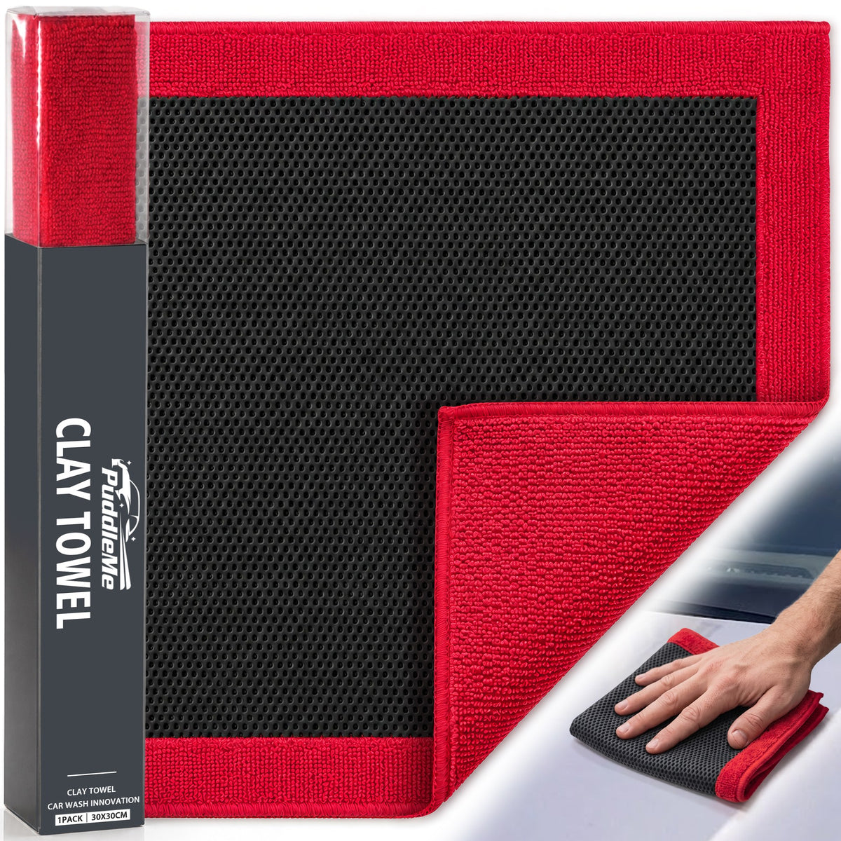A red and black microfiber clay towel with its black packaging sleeve on the left, and a hand using the towel on a car door in the bottom-right corner.