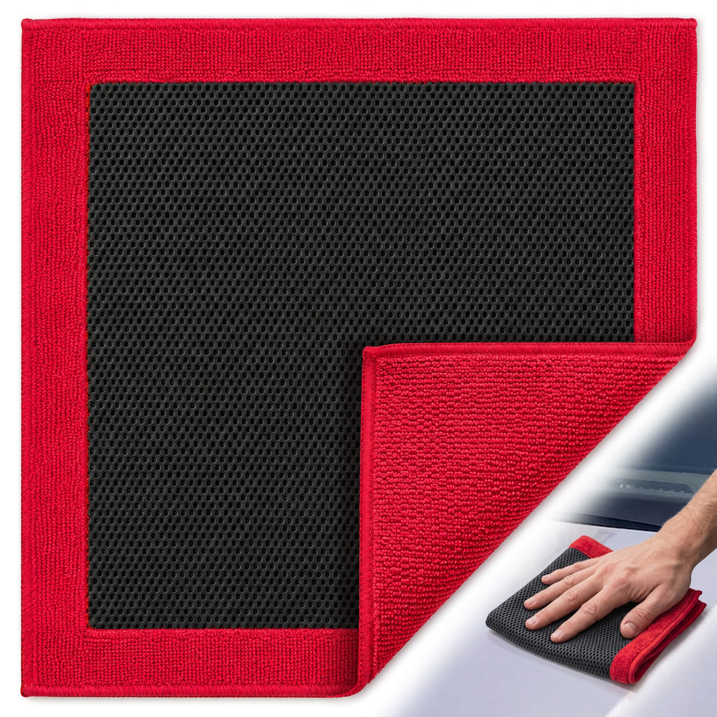 A red and black microfiber car cleaning cloth shown in a product layout with a small inset demonstrating a hand wiping a car with the cloth.