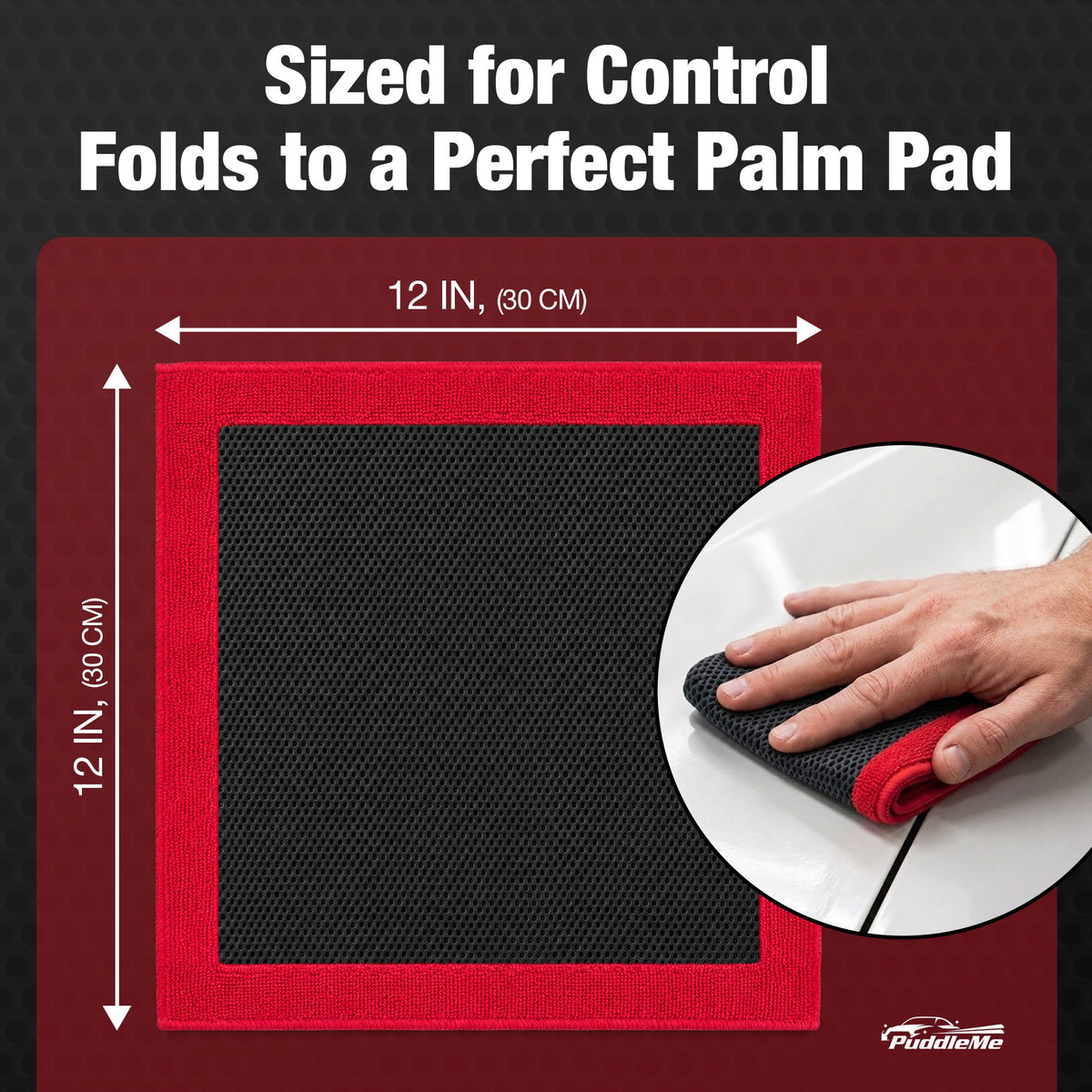 A red and black microfiber car wax applicator pad shown with text indicating it is sized for control and folds to a perfect palm pad, plus a circular inset showing a hand wiping a white car with it.