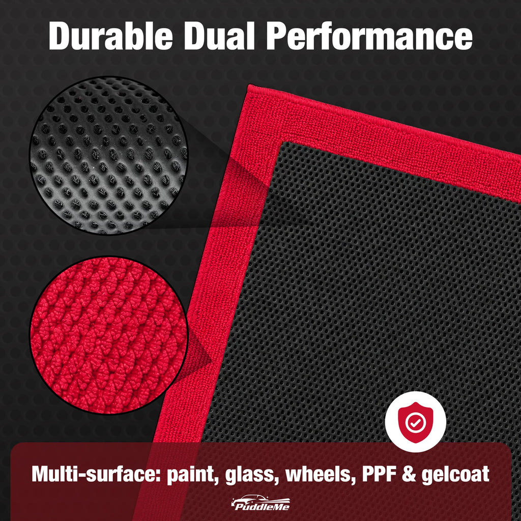 A promotional product graphic for a black textured dual-performance mat with a red border. The image includes two circular detail insets showing the textured surface, large white headline text reading 'Durable Dual Performance,' and a red banner at the bottom with 'Multi-surface: paint, glass, wheels, PPF & gelcoat' and the PuddleMe logo.
