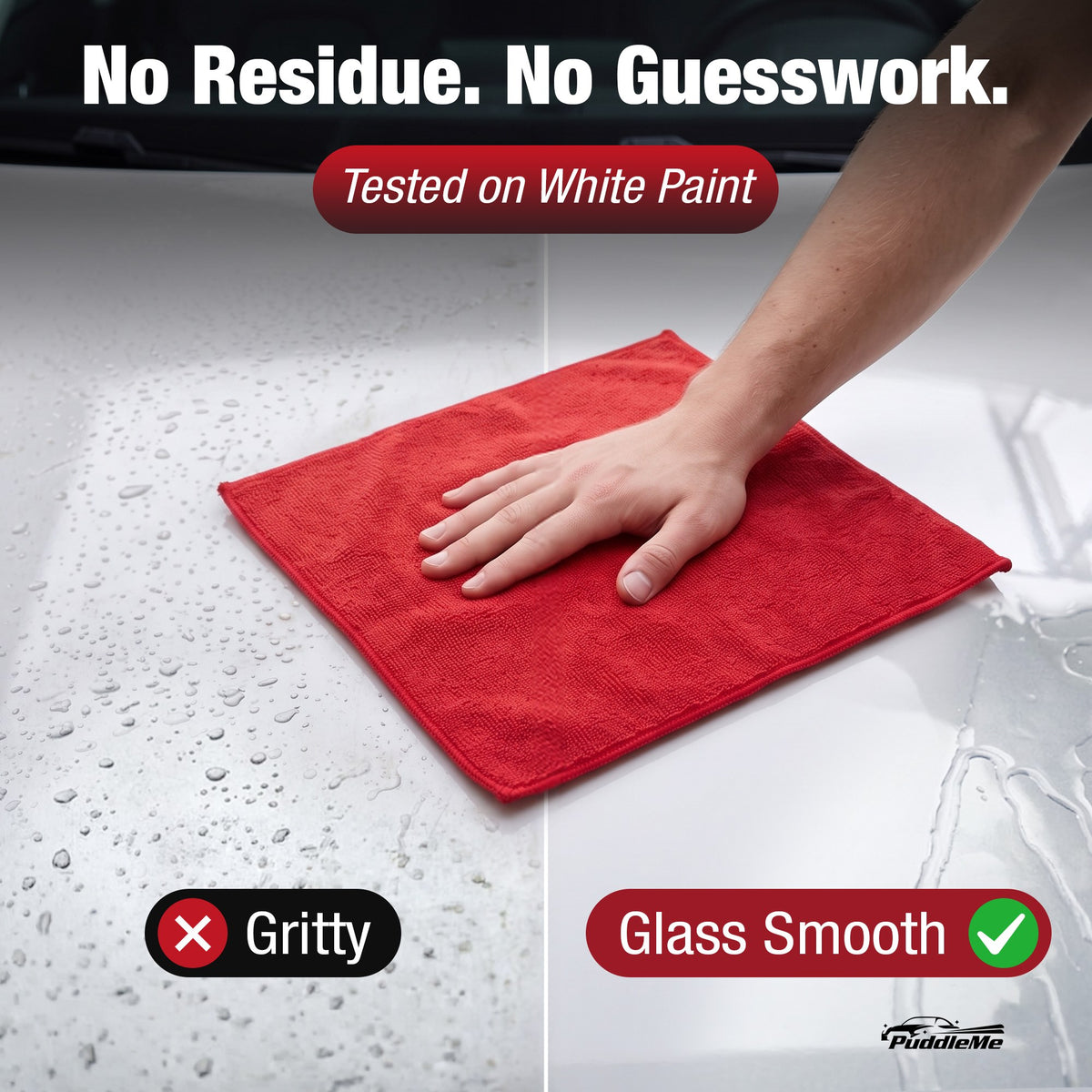 A red microfiber cleaning cloth being wiped across a glossy white car surface, with a hand pressing down on it. Text at the top reads 'No Residue.