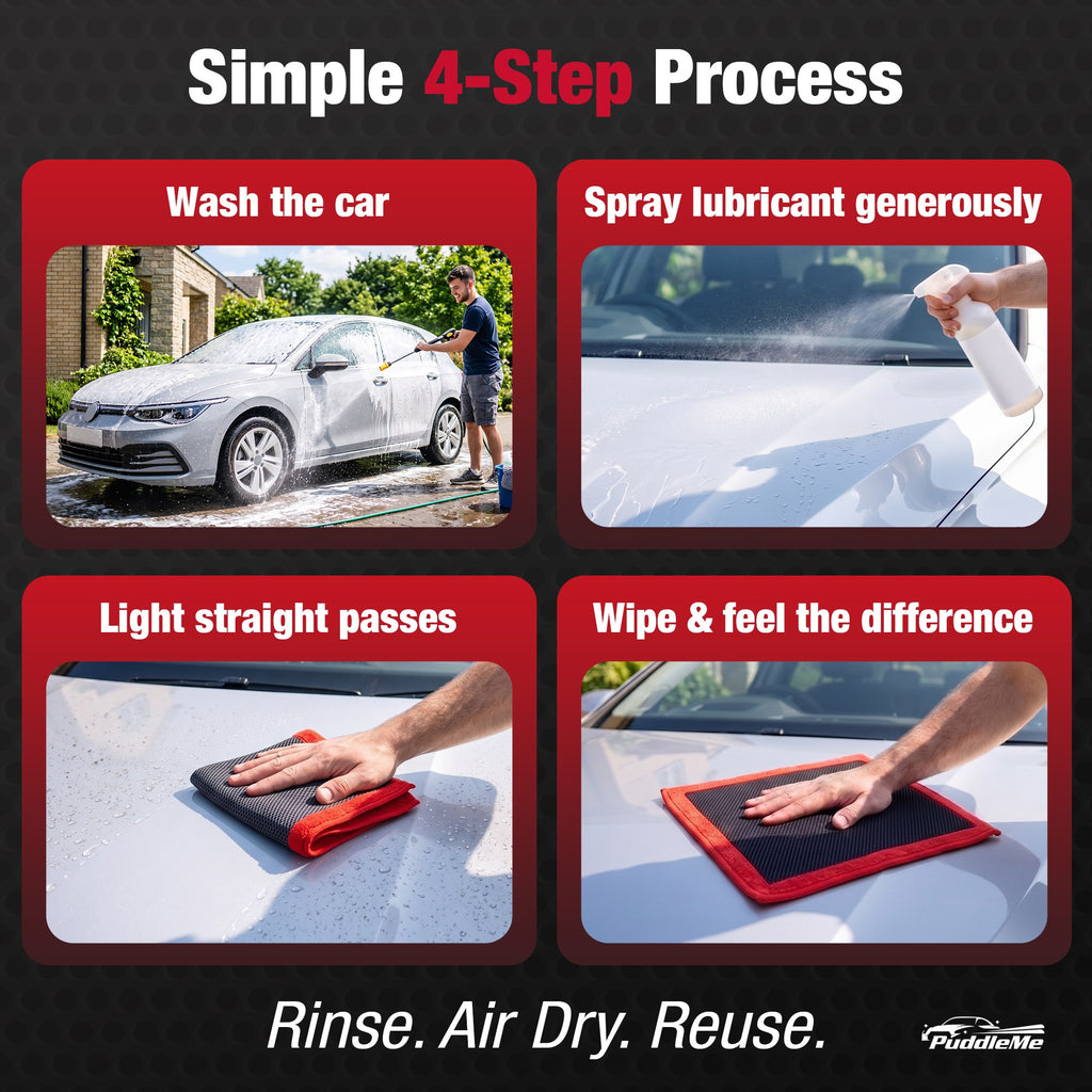 Promotional graphic for a car care cleaning cloth showing a four-step process: wash the car, spray lubricant generously, wipe with a light straight pass, and wipe again for a second pass. The graphic includes photos of hands using a red and black microfiber cloth on a white car, with text labels and a dark background.
