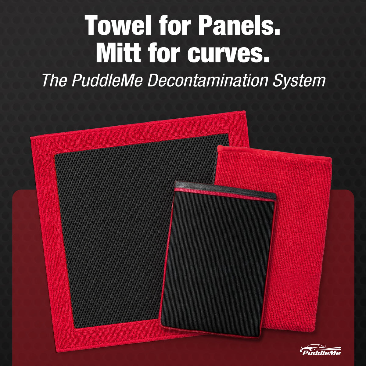 Three PuddleMe decontamination system towels in red and black are displayed against a dark textured background with promotional text at the top.
