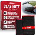 PuddleMe clay mitts for car detailing shown with a red product box, two black mesh mitts with red trim, and a small inset of a hand using one mitt on a car surface. The box and mitts read 'CLAY MITT' and '2 Pack'.
