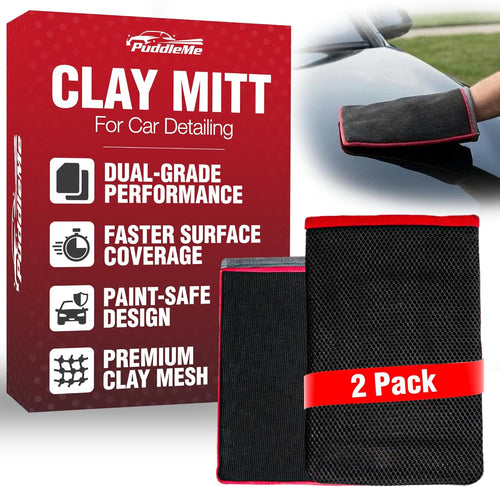 PuddleMe clay mitts for car detailing shown with a red product box, two black mesh mitts with red trim, and a small inset of a hand using one mitt on a car surface. The box and mitts read 'CLAY MITT' and '2 Pack'.
