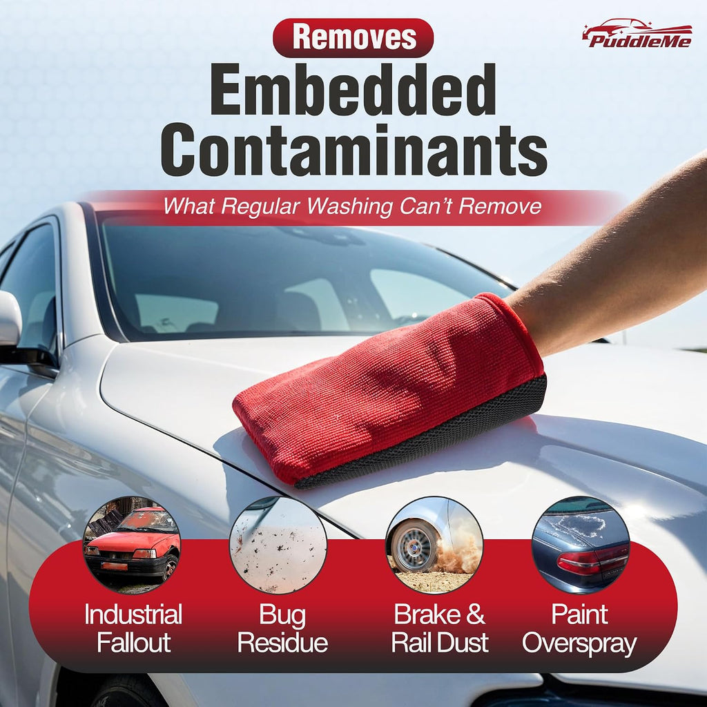 A red and black microfiber cleaning mitt on the hood of a white car, with text reading 'Removes Embedded Contaminants' and a PuddleMe logo in the top right.