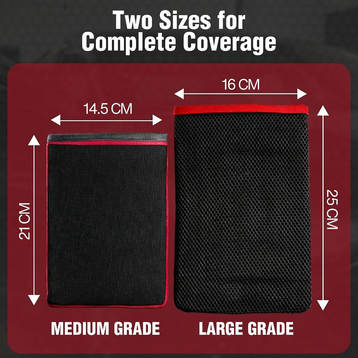 Two sizes of black textured protective sleeves with red trim, labeled Medium Grade (14.5 cm x 21 cm) and Large Grade (16 cm x 25 cm), with text reading 'Two Sizes for Complete Coverage'.