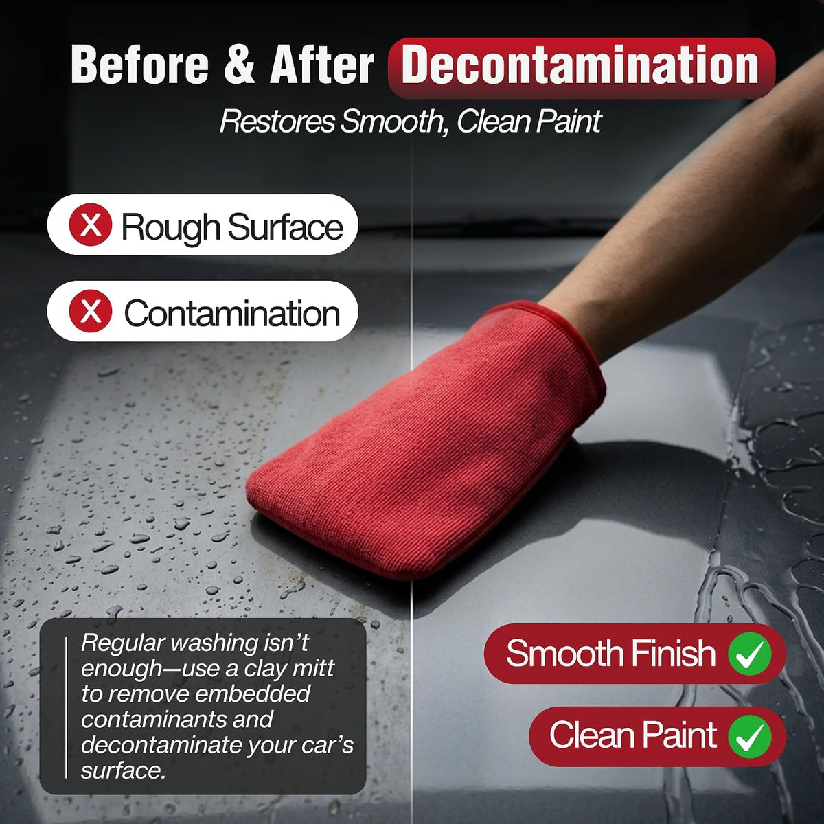 Red clay mitt cleaning a car surface with text about decontamination and smooth finish.