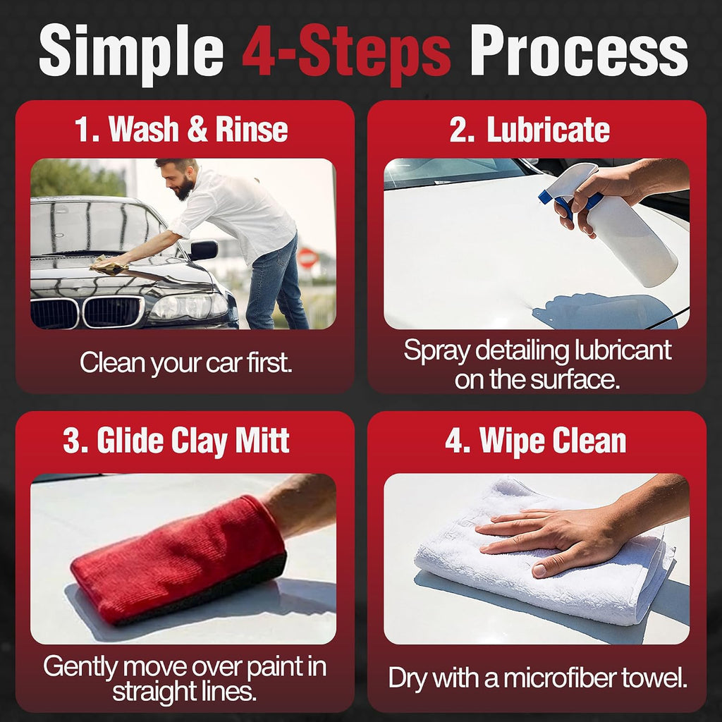 A 4-step process graphic for car detailing lubricant, showing a man washing and rinsing a car, spraying a white surface with a bottle, applying a red microfiber cloth, and wiping with a white towel under the heading 'Simple 4-Steps Process'.