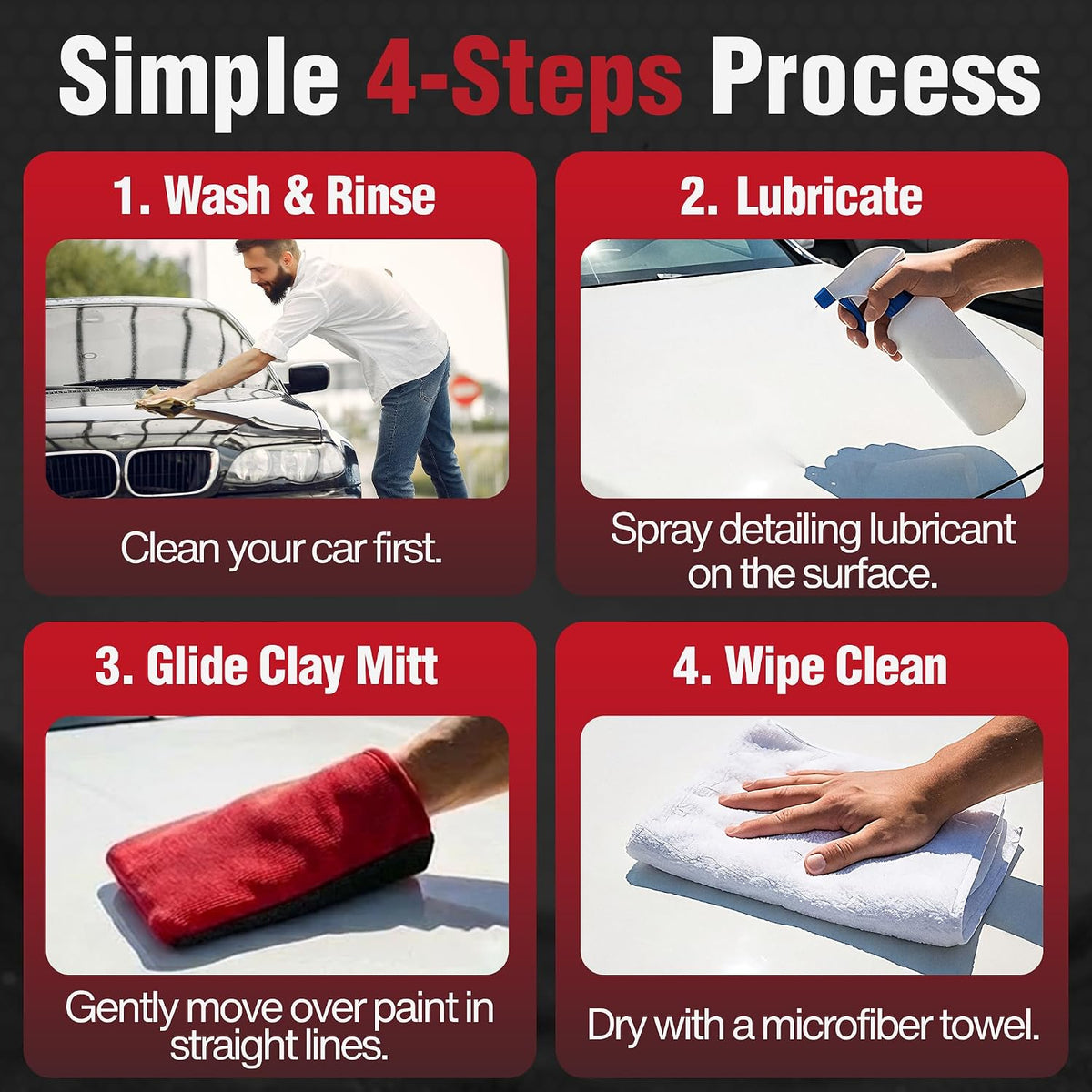 A 4-step process graphic for car detailing lubricant, showing a man washing and rinsing a car, spraying a white surface with a bottle, applying a red microfiber cloth, and wiping with a white towel under the heading 'Simple 4-Steps Process'.